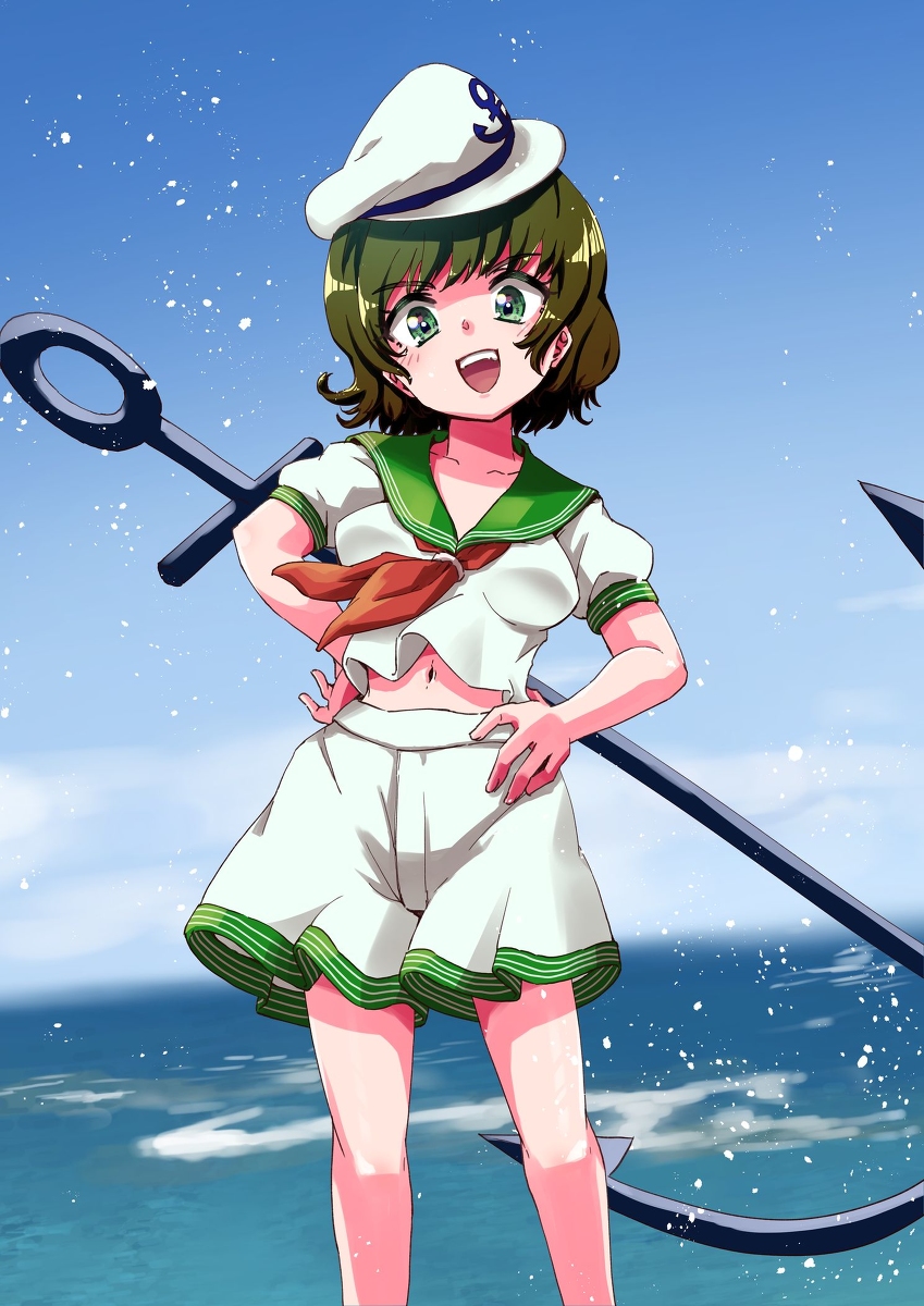 1990s_(style) 1girl anchor anchor_symbol blue_sky breasts green_eyes hands_on_hips hat highres hits_(hitstts) looking_at_viewer murasa_minamitsu ocean open_mouth red_neckwear retro_artstyle sailor sailor_collar sailor_hat sailor_shirt shirt short_hair shorts sky smile solo touhou white_shorts