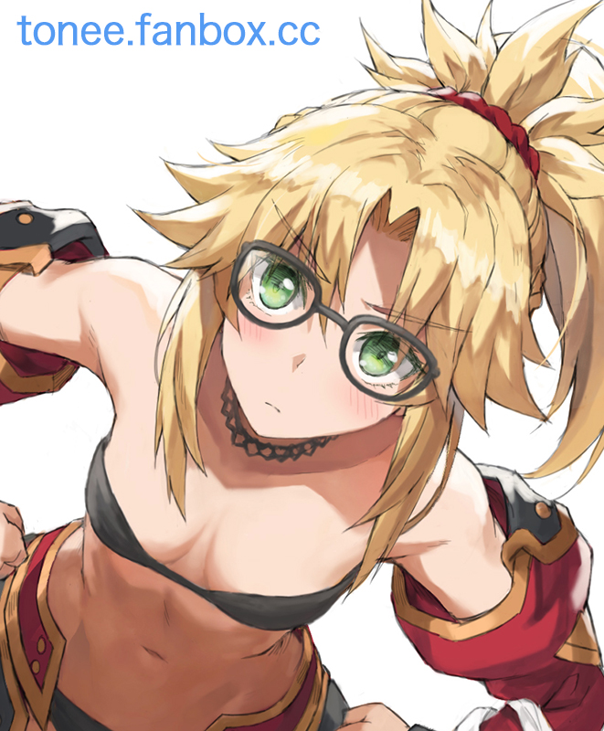 1girl bangs bare_shoulders blonde_hair blush braid breasts collarbone detached_collar detached_sleeves fate/apocrypha fate_(series) french_braid glasses green_eyes hair_ornament hair_scrunchie jewelry leaning_forward leaning_to_the_side long_hair looking_at_viewer mordred_(fate) mordred_(fate)_(all) navel necklace parted_bangs ponytail scrunchie sidelocks simple_background small_breasts tonee