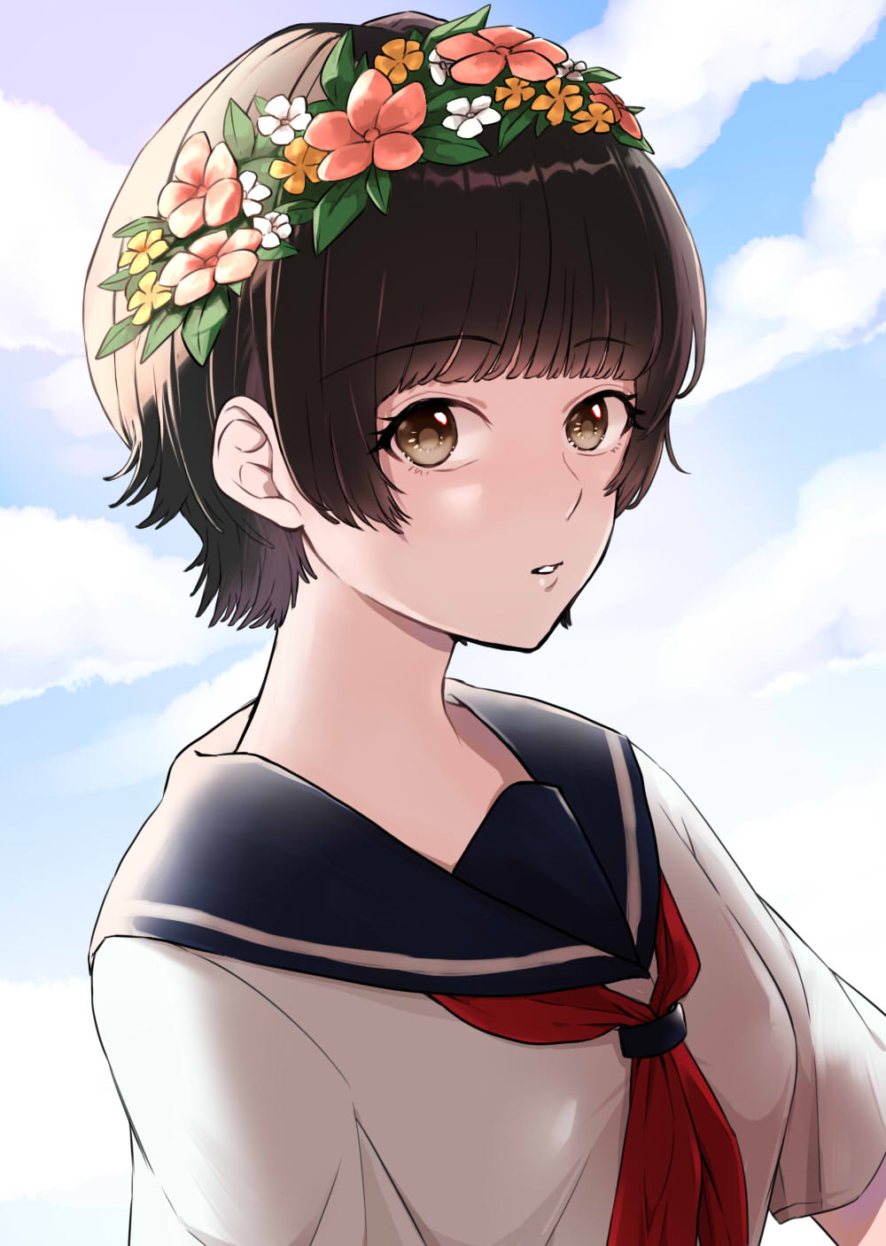 1girl bangs black_hair blunt_bangs brown_eyes clouds cloudy_sky commentary eyebrows_visible_through_hair flower hair_ornament head_wreath highres looking_at_viewer portrait sakugawa_school_uniform school_uniform serafuku short_hair sky solo toaru_kagaku_no_railgun toaru_majutsu_no_index uiharu_kazari