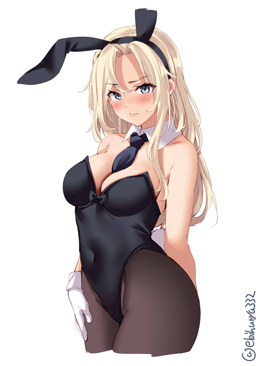 1girl alternate_costume animal_ears between_breasts black_neckwear blonde_hair blush bow bowtie breasts brown_legwear bunny_tail covered_navel cowboy_shot detached_collar ebifurya eyebrows_visible_through_hair fake_animal_ears fake_tail forehead gloves grey_eyes hand_on_thigh highres hornet_(kancolle) kantai_collection large_breasts leotard long_hair looking_at_viewer necktie pantyhose playboy_bunny rabbit_ears simple_background solo strapless strapless_leotard tail twitter_username white_background white_gloves wing_collar wrist_cuffs