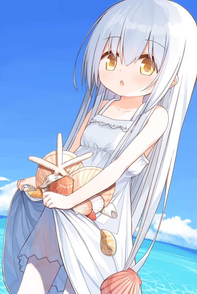 1girl bangs bare_arms bare_shoulders blue_sky blush brown_eyes bunny_girl_(yuuhagi_(amaretto-no-natsu)) clouds commentary_request conch day dress eyebrows_visible_through_hair hair_between_eyes horizon long_hair looking_at_viewer ocean original outdoors parted_lips seashell shell silver_hair skirt_basket skirt_hold sky sleeveless sleeveless_dress solo standing starfish very_long_hair water white_dress yuuhagi_(amaretto-no-natsu)
