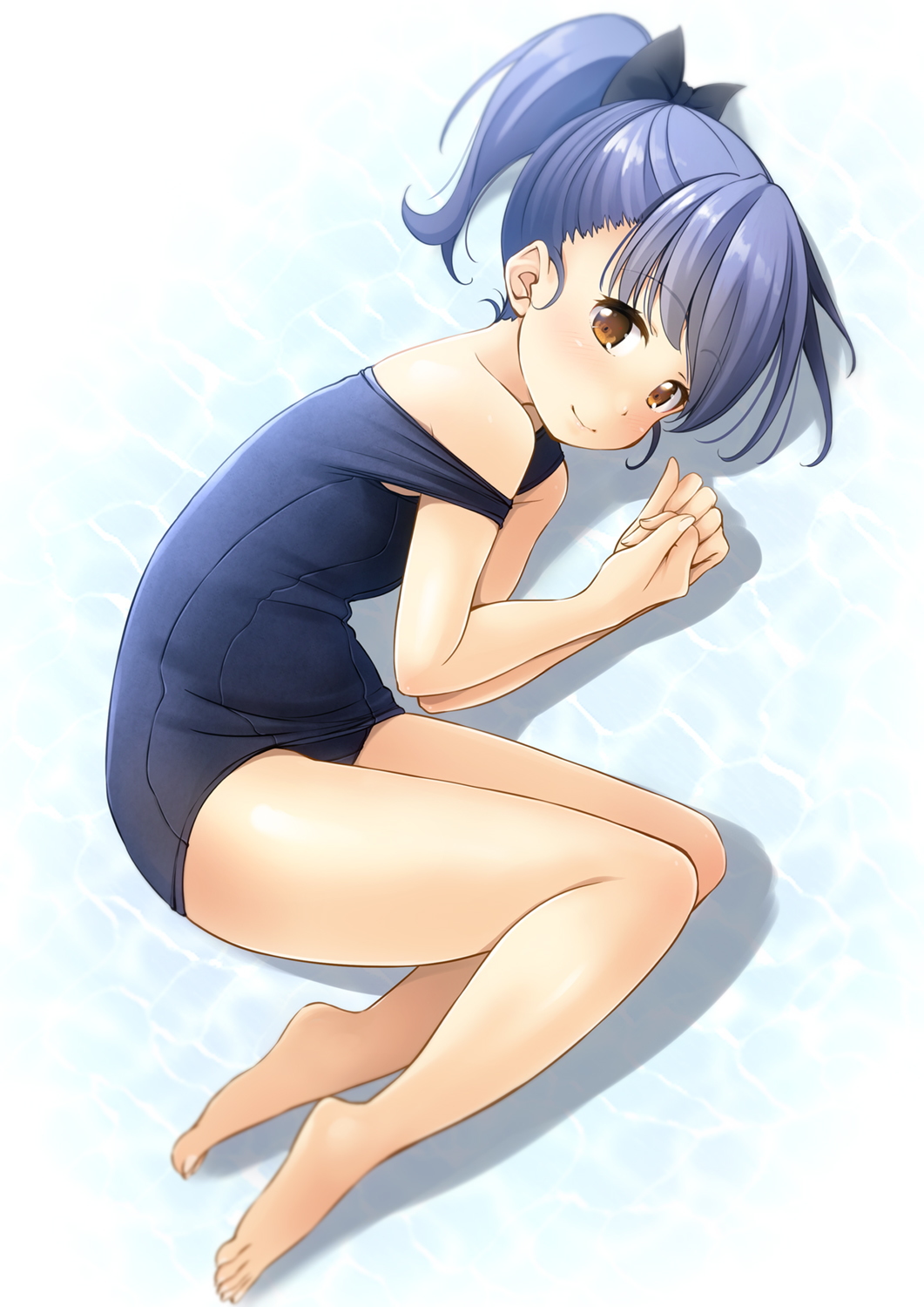 1girl bangs bare_arms bare_legs bare_shoulders barefoot black_bow blue_hair blue_swimsuit bow brown_eyes closed_mouth commentary_request eyebrows_visible_through_hair full_body hair_bow hands_up high_ponytail highres lying old_school_swimsuit on_side one-piece_swimsuit original ponytail school_swimsuit shibacha smile solo strap_slip swimsuit