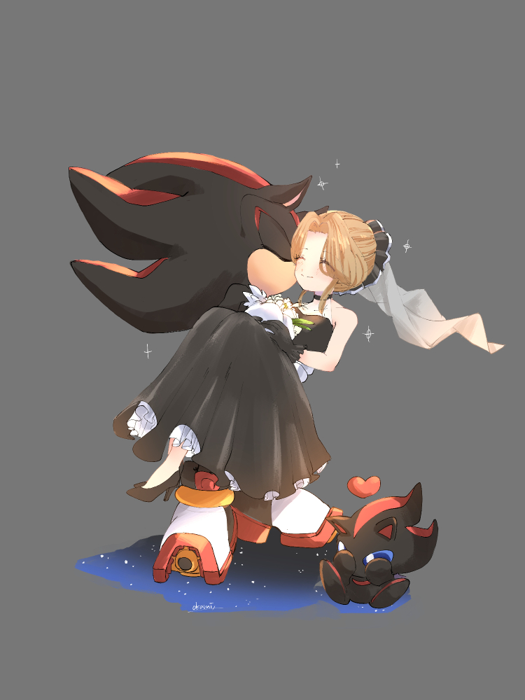 1boy 1girl ^_^ black_dress black_gloves blonde_hair blue_eyes bouquet carrying chao_(sonic) closed_eyes closed_mouth dress flower full_body furry furry_male furry_with_non-furry gloves grey_background heart hetero interspecies kiss kissing_cheek maria_robotnik princess_carry shadow_the_hedgehog shoes simple_background smile sonic_(series) tondamanuke