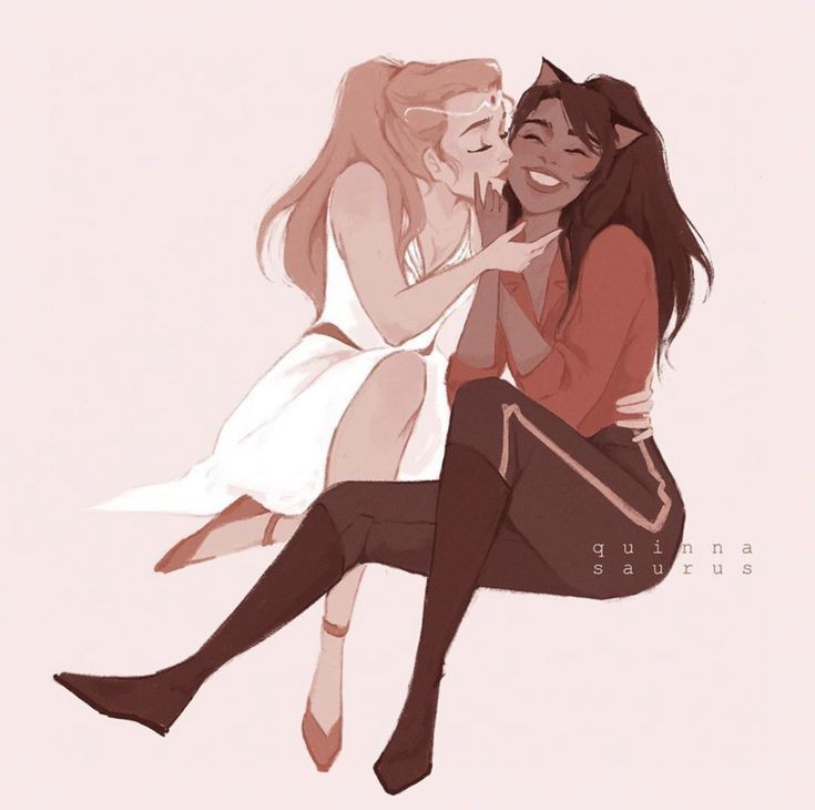 2girls adora_(she-ra) animal_ears arm_around_neck bangs blonde_hair blouse brown_hair cat_ears catra catradora cheek_kiss closed_eyes dark_skin dress gold_belt gold_trim gown grin hand_on_another's_chin hand_on_another's_face kiss long_hair married multiple_girls pink_background ponytail quinnasaurus she-ra she-ra_and_the_princesses_of_power shirt shoes smile white_dress yuri