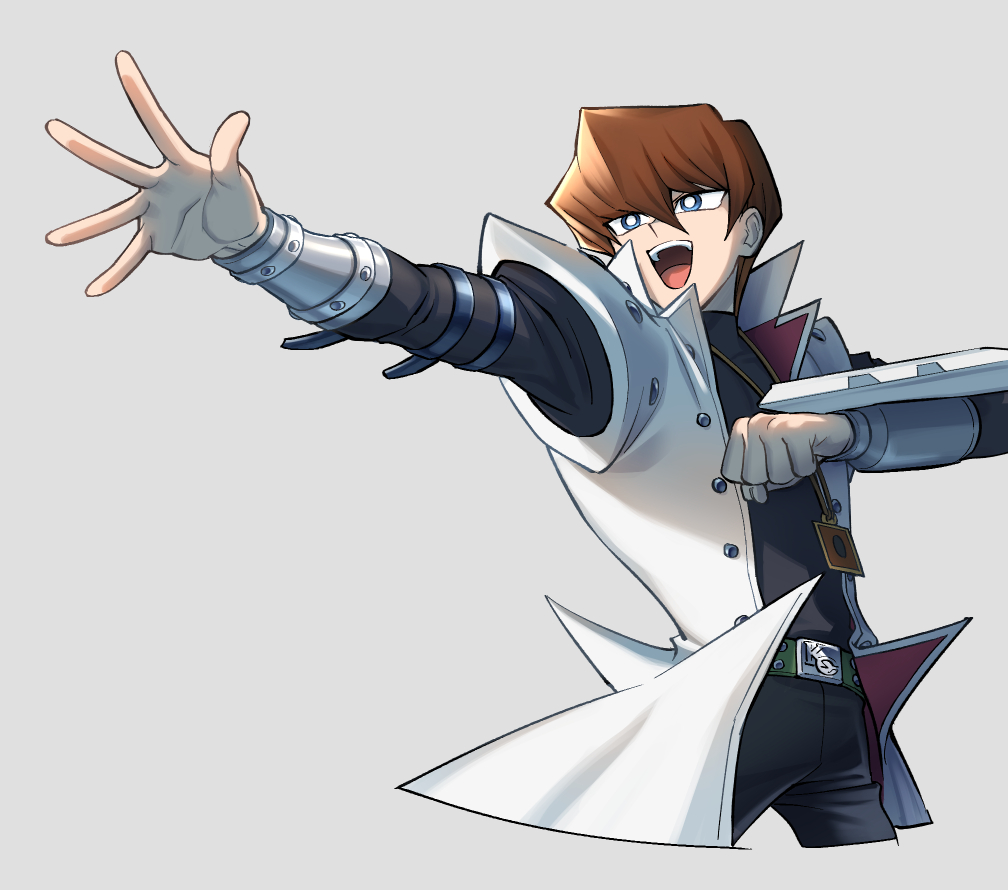 1boy :d bangs belt belt_buckle black_pants blue_eyes bright_pupils brown_hair buckle buttons clenched_hand coat commentary_request duel_disk hair_between_eyes kaiba_seto koma_yoichi male_focus open_clothes open_coat open_mouth outstretched_arm pants shirt smile solo spread_fingers white_coat white_pupils yu-gi-oh!