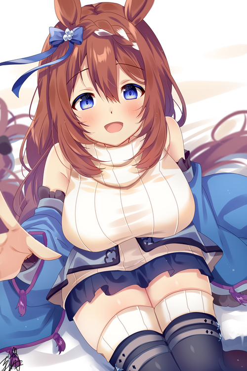 1girl animal_ears blue_eyes blush breasts brown_hair eyebrows_visible_through_hair hair_between_eyes horse_ears horse_girl horse_tail large_breasts long_hair omuretsu open_mouth ribbed_sweater smile solo super_creek_(umamusume) sweater tail turtleneck turtleneck_sweater umamusume white_sweater