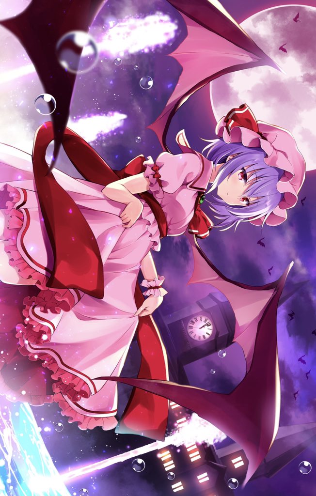 1girl ascot bat bat_wings brooch bubble clock clock_tower commentary_request dress eyebrows_visible_through_hair fountain frilled_dress frilled_sleeves frills full_moon hair_between_eyes hat hat_ribbon hyurasan jewelry mob_cap moon night pink_dress pink_headwear puffy_short_sleeves puffy_sleeves red_eyes red_moon red_neckwear red_ribbon remilia_scarlet ribbon scarlet_devil_mansion short_sleeves skirt_hold solo standing touhou tower wings wrist_cuffs