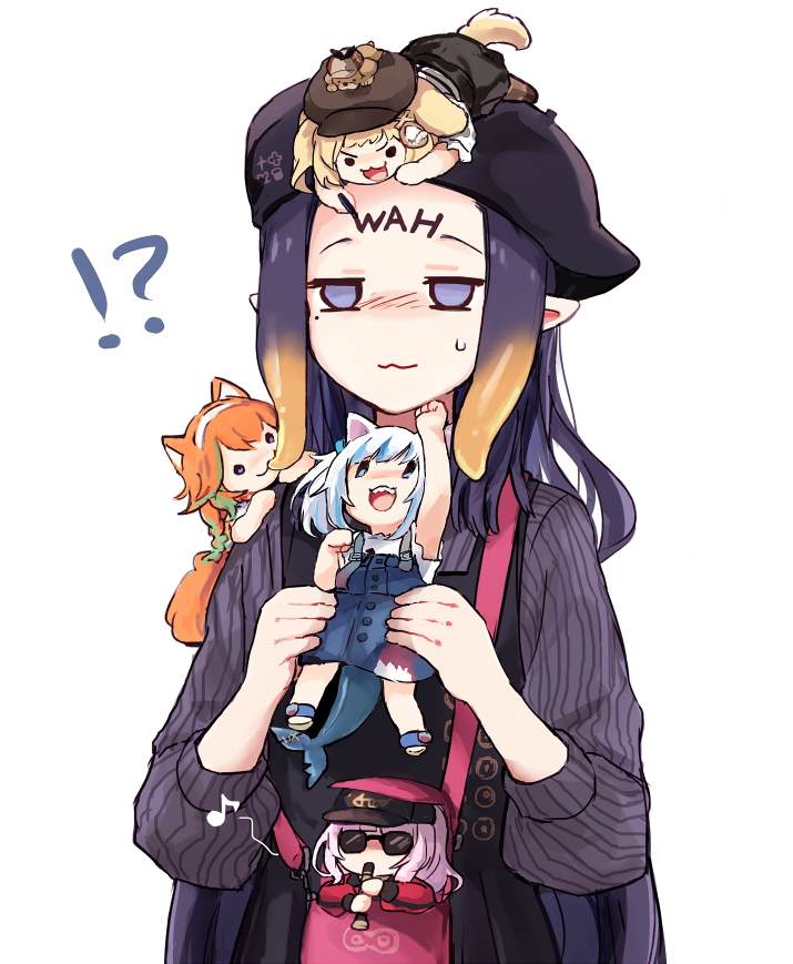 !? 5girls :3 :d animal_ears animal_on_head bag beret biting_hair blonde_hair blue_hair blush bubba_(watson_amelia) cat_ears dog dog_ears dog_on_head dog_tail dress empty_eyes fish_tail gawr_gura handbag hat hololive hololive_english holomyth instrument long_hair long_sleeves minigirl mole mole_under_eye mori_calliope multicolored_hair multiple_girls musical_note ninomae_ina'nis nose_blush official_alternate_costume on_head open_mouth orange_hair paw_pose pinafore_dress pointy_ears purple_hair recorder shark_tail sharp_teeth shoulder_bag simple_background smile streaked_hair sunglasses tail takanashi_kiara teeth tentacle_hair upper_body violet_eyes watson_amelia white_background writing yuuyu_(777)