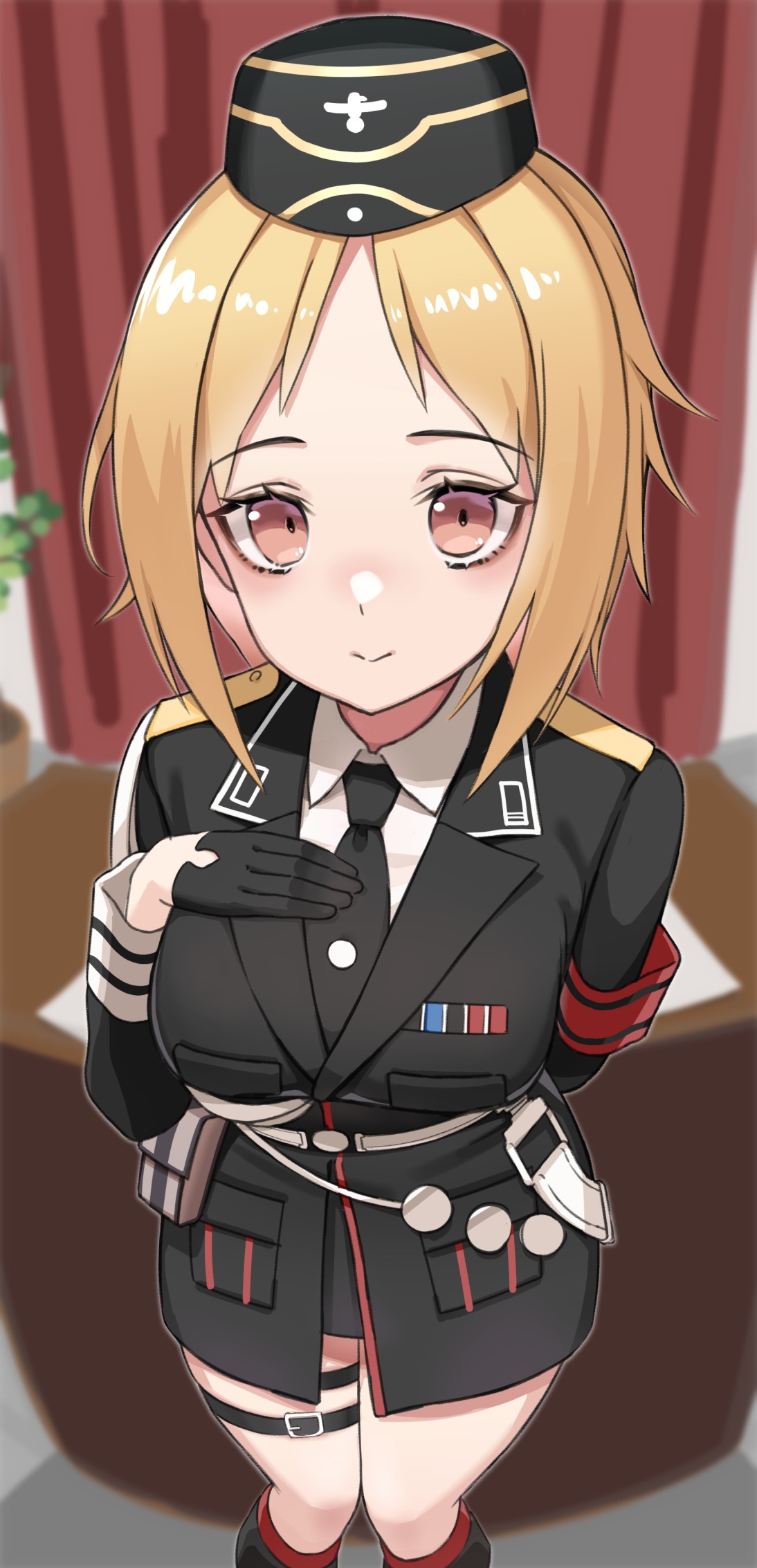 1girl blonde_hair breasts brown_eyes collared_shirt girls_frontline gloves highres large_breasts mp40_(girls_frontline) necktie shirt short_hair smile solo toryu_fufu