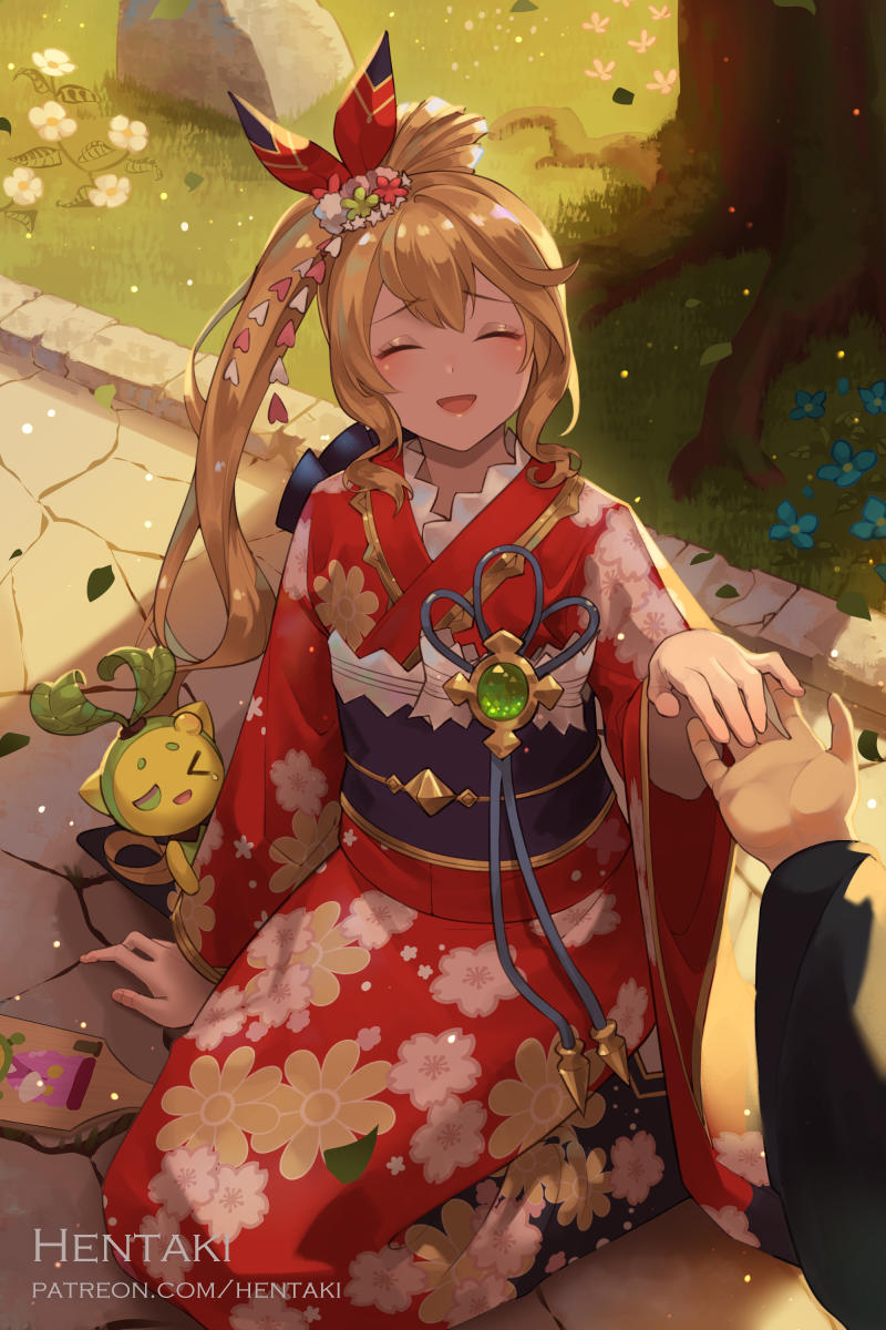 &gt;_o 1boy 1girl :d ;d ^_^ artist_name bangs blonde_hair blue_flower closed_eyes commentary dragalia_lost elisanne english_commentary eyebrows_visible_through_hair floral_print flower hagoita hair_ribbon hanetsuki hentaki highres japanese_clothes kimono long_hair long_sleeves obi on_ground one_eye_closed open_mouth out_of_frame outdoors paddle ponytail print_kimono red_kimono red_ribbon ribbon sash seiza sitting smile solo_focus sunset tree very_long_hair watermark web_address white_flower wide_sleeves