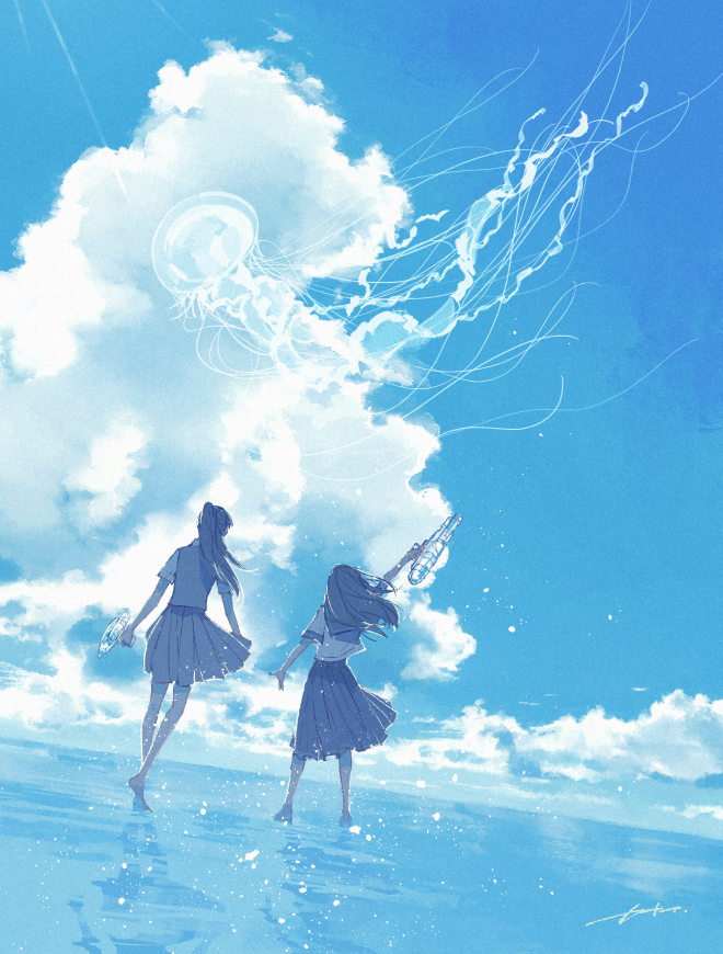 2girls arm_at_side arm_up barefoot blue_sky blue_theme canai clouds cloudy_sky commentary_request day facing_away floating grey_hair grey_skirt holding jellyfish long_hair long_skirt multiple_girls original outstretched_arm ponytail reflection scenery school_uniform shirt signature skirt sky standing tentacles vest water water_gun white_shirt wide_shot