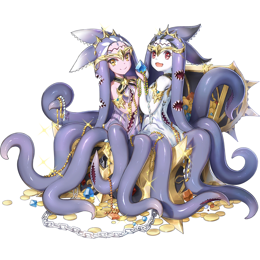 2girls :d aljezz_(clover_theater) artist_request circlet clover_theater coin colored_skin dress full_body gem gold_coin looking_at_viewer monster_girl mouth multiple_girls official_art open_mouth pink_dress pink_skin red_eyes smile tentacle_hair tentacles tiara transparent_background treasure_chest white_dress white_skin yellow_eyes