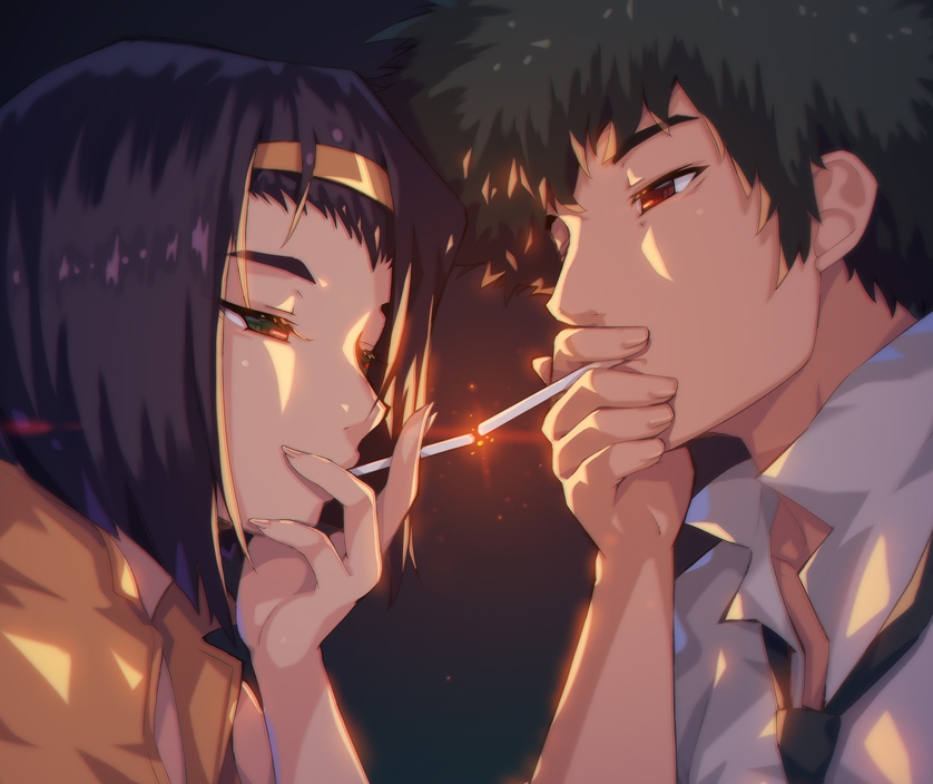 1boy 1girl a.x. black_background black_neckwear cigarette cigarette_kiss closed_mouth collarbone cowboy_bebop cropped faye_valentine fingernails green_eyes green_hair hairband half-closed_eyes holding holding_cigarette long_fingernails looking_at_another necktie purple_hair red_eyes short_hair smoking spike_spiegel upper_body yellow_hairband