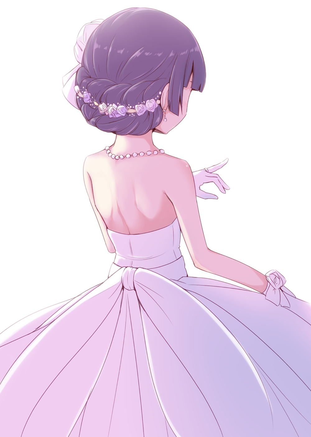 1girl bare_shoulders black_hair braid crown_braid dress flower from_behind gloves gokou_ruri hair_flower hair_ornament herunin highres long_hair ore_no_imouto_ga_konna_ni_kawaii_wake_ga_nai simple_background solo strapless strapless_dress tied_hair white_background white_dress white_gloves