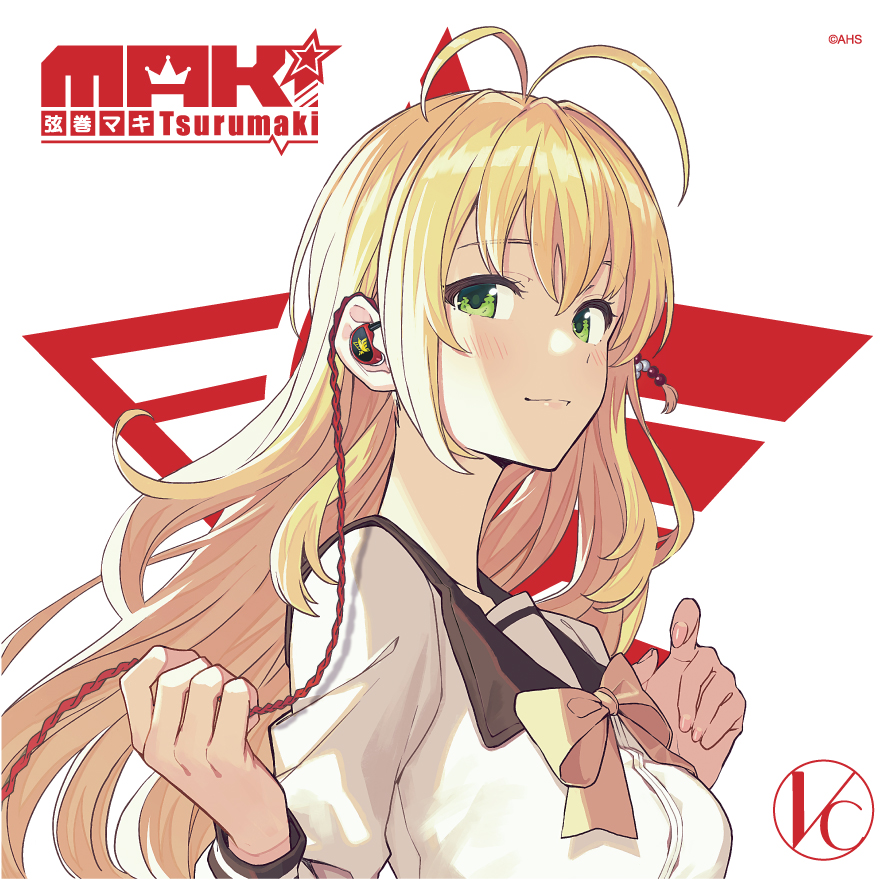 1girl antenna_hair beads black_collar blonde_hair bow bowtie breasts cable character_name collar collared_shirt commentary crown earphones green_eyes hair_beads hair_ornament logo long_hair looking_at_viewer looking_to_the_side medium_breasts shirt smile solo star_(symbol) synthesizer_v teshima_nari tsurumaki_maki upper_body voiceroid white_background white_shirt yellow_neckwear