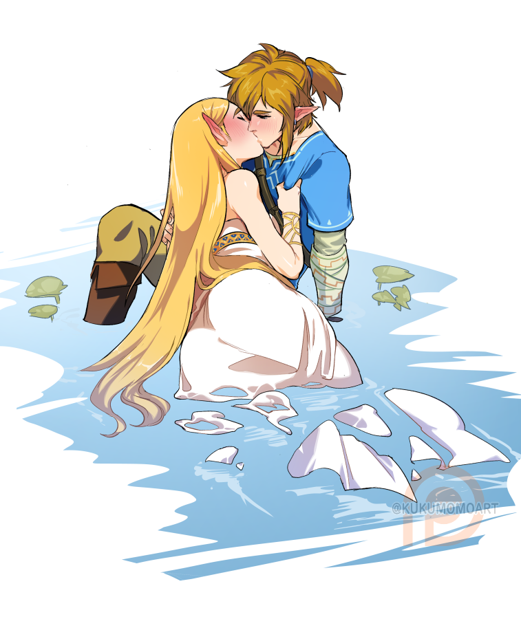 1boy 1girl blonde_hair blue_shirt blush boots bracer brown_hair closed_eyes couple dress earrings hair_down hetero jewelry kiss kukumomo layered_sleeves link long_dress long_hair long_sleeves partially_submerged patreon_logo plant pointy_ears ponytail princess_zelda shirt short_over_long_sleeves short_sleeves sidelocks sleeveless sleeveless_dress the_legend_of_zelda the_legend_of_zelda:_breath_of_the_wild thick_eyebrows torso_grab twitter_username very_long_hair water watermark wet wet_clothes wet_dress white_dress
