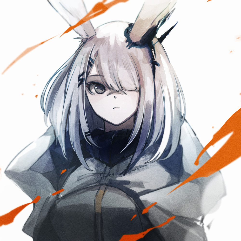1girl animal_ears arknights black_eyes commentary frostnova_(arknights) grey_jacket hair_ornament hair_over_one_eye hairclip jacket looking_at_viewer medium_hair rabbit_ears scar scar_on_face scar_on_nose shimasato solo upper_body white_background white_hair