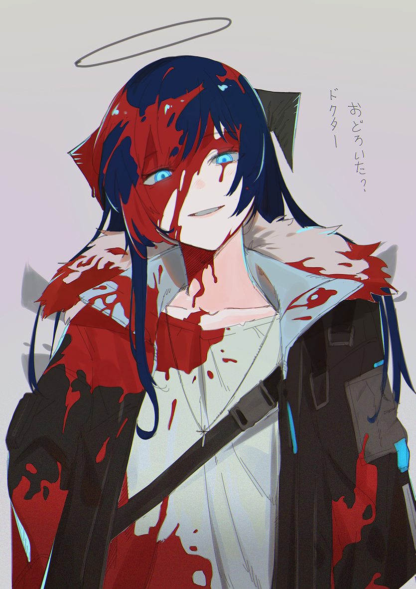 1girl arknights black_jacket blood blood_on_face bloody_clothes blue_eyes blue_hair crow_(aaaaaaa068345) demon_horns fur-trimmed_hood fur_trim hair_between_eyes halo hood hood_down horns jacket jewelry long_hair looking_at_viewer mostima_(arknights) necklace open_clothes open_jacket parted_lips shirt smile snap-fit_buckle solo strap translated upper_body white_shirt wings