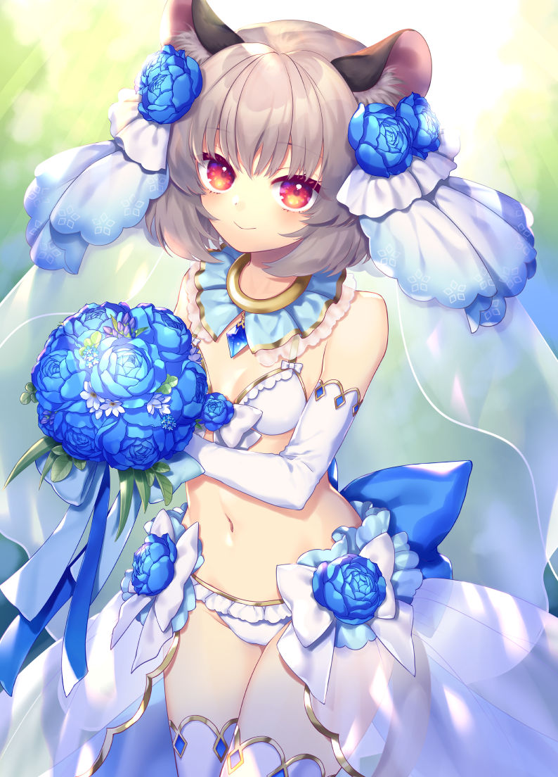 1girl animal_ears bangs bikini blue_capelet blue_flower bouquet bow breasts bridal_veil capelet closed_mouth commission cowboy_shot elbow_gloves eyebrows_visible_through_hair flower gloves grey_hair hair_flower hair_ornament holding holding_bouquet jewelry looking_at_viewer mouse_ears navel nazrin outdoors pendant red_eyes short_hair skeb_commission small_breasts smile solo standing swimsuit thigh-highs tomobe_kinuko touhou veil wedding white_bikini white_bow white_gloves white_legwear