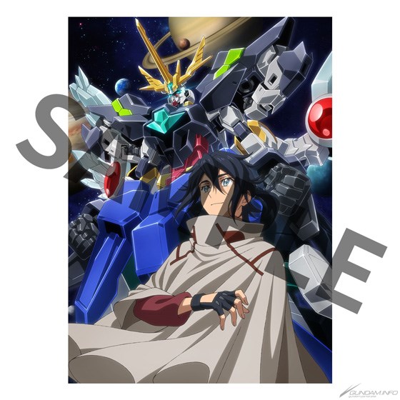 1boy artist_request black_gloves black_hair blue_hair clenched_hands cloak earth_(planet) fingerless_gloves gloves gundam gundam_build_divers gundam_build_divers_re:rise jupiter_(planet) kuga_hiroto looking_up male_focus mecha mobile_suit official_art open_hand planet re:rising_gundam sample saturn_(planet) science_fiction smile space super_robot v-fin watermark