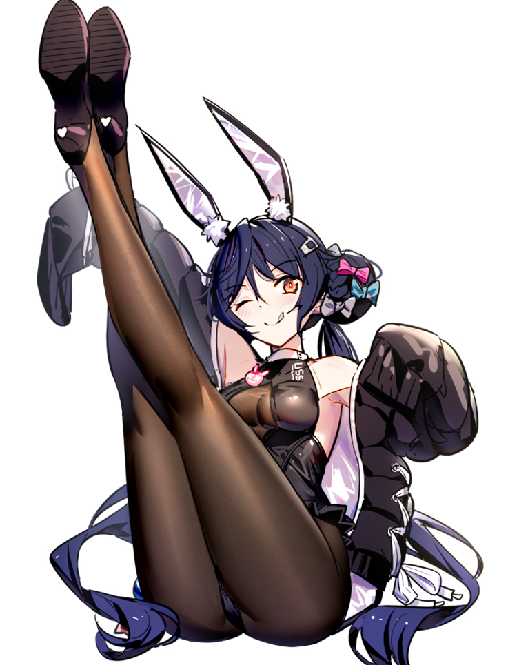 1girl ;q allen_m._sumner_(azur_lane) allen_m._sumner_(charming_rabbit)_(azur_lane) animal_ear_fluff animal_ears arm_up azur_lane bare_shoulders black_footwear black_hair black_jacket black_leotard blue_bow blush bow breasts brown_legwear closed_mouth commentary_request crossed_legs double_bun full_body hair_bow heart high_heels jacket legs_up leotard long_sleeves medium_breasts one_eye_closed open_clothes open_jacket pantyhose pink_bow rabbit_ears ririko_(zhuoyandesailaer) see-through shoe_soles shoes simple_background sleeves_past_fingers sleeves_past_wrists smile solo tongue tongue_out twintails white_background white_bow