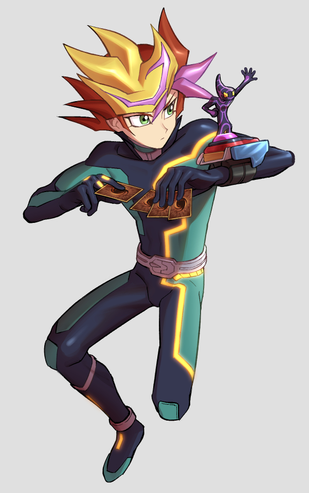 1boy bangs belt blonde_hair bodysuit brown_hair card character_request closed_mouth commentary_request full_body glowing green_eyes grey_background hair_between_eyes hands_up holding holding_card koma_yoichi leg_up looking_to_the_side male_focus multicolored_hair purple_hair yu-gi-oh!