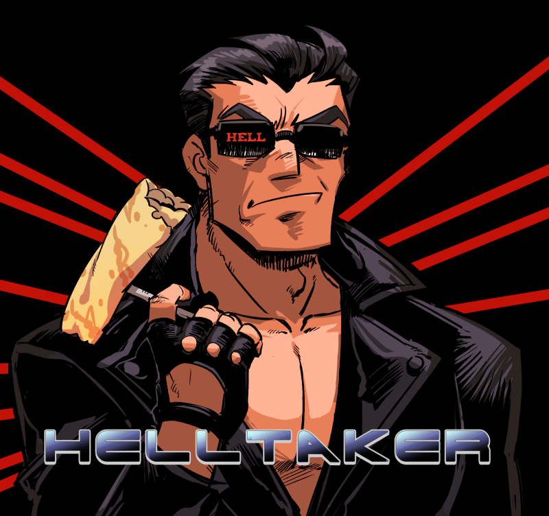 1boy ahoge black_background black_hair closed_mouth expressionless food gloves helltaker helltaker_(character) holding jacket long_sleeves nijuumaru pancake parody pectorals short_hair solo standing sunglasses terminator_(series) the_terminator title title_parody upper_body