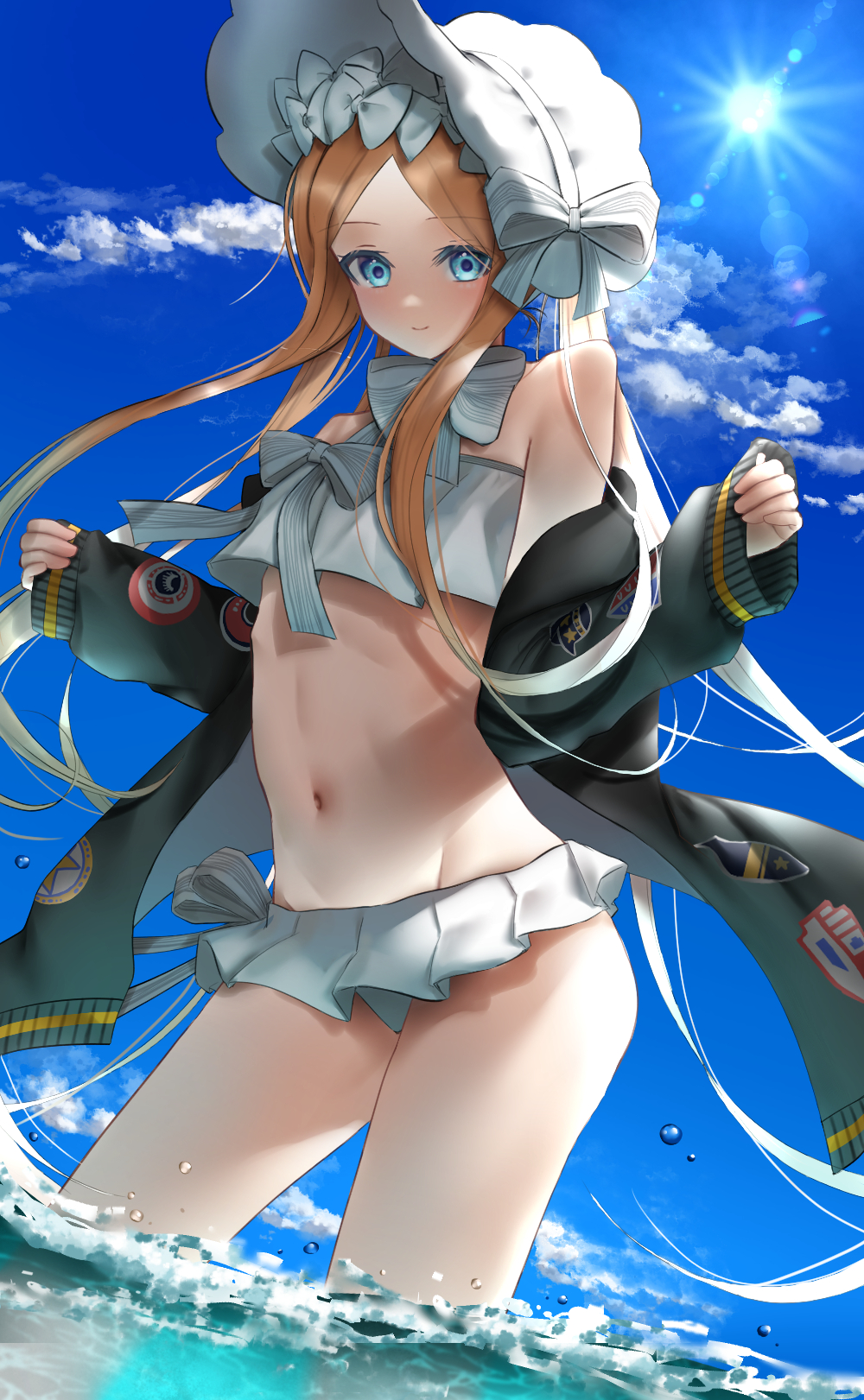 1girl abigail_williams_(fate) abigail_williams_(swimsuit_foreigner)_(fate) backlighting bangs bare_shoulders bikini black_jacket blonde_hair blue_eyes blue_sky bonnet bow breasts fate/grand_order fate_(series) faton forehead hair_bow highres jacket long_hair long_sleeves miniskirt navel off_shoulder parted_bangs sidelocks skirt sky small_breasts smile sunlight swimsuit twintails very_long_hair wading water white_bikini white_bow white_headwear