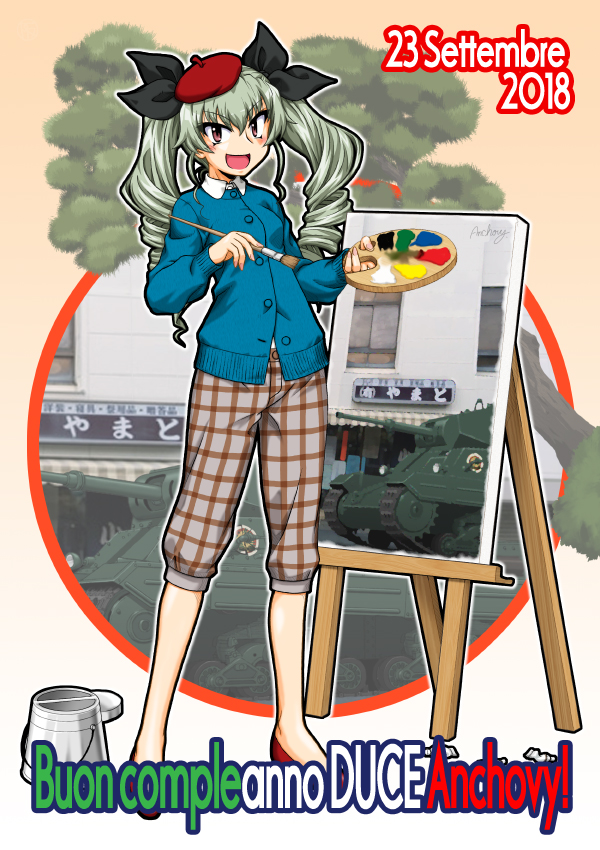 1girl :d anchovy_(girls_und_panzer) anzio_(emblem) bangs beret black_ribbon blue_cardigan brown_eyes brown_pants canvas_(object) capri_pants cardigan carro_armato_p40 casual character_name collared_shirt commentary_request dated drill_hair easel emblem eyebrows_visible_through_hair flats girls_und_panzer green_hair ground_vehicle hair_ribbon happy_birthday hat holding holding_paintbrush italian_text long_hair long_sleeves looking_at_viewer military military_vehicle motor_vehicle ooarai_(ibaraki) oosaka_kanagawa open_mouth paintbrush painting palette pants plaid plaid_pants red_footwear red_headwear ribbon shirt signature smile solo standing tank tilted_headwear translated twin_drills twintails white_shirt
