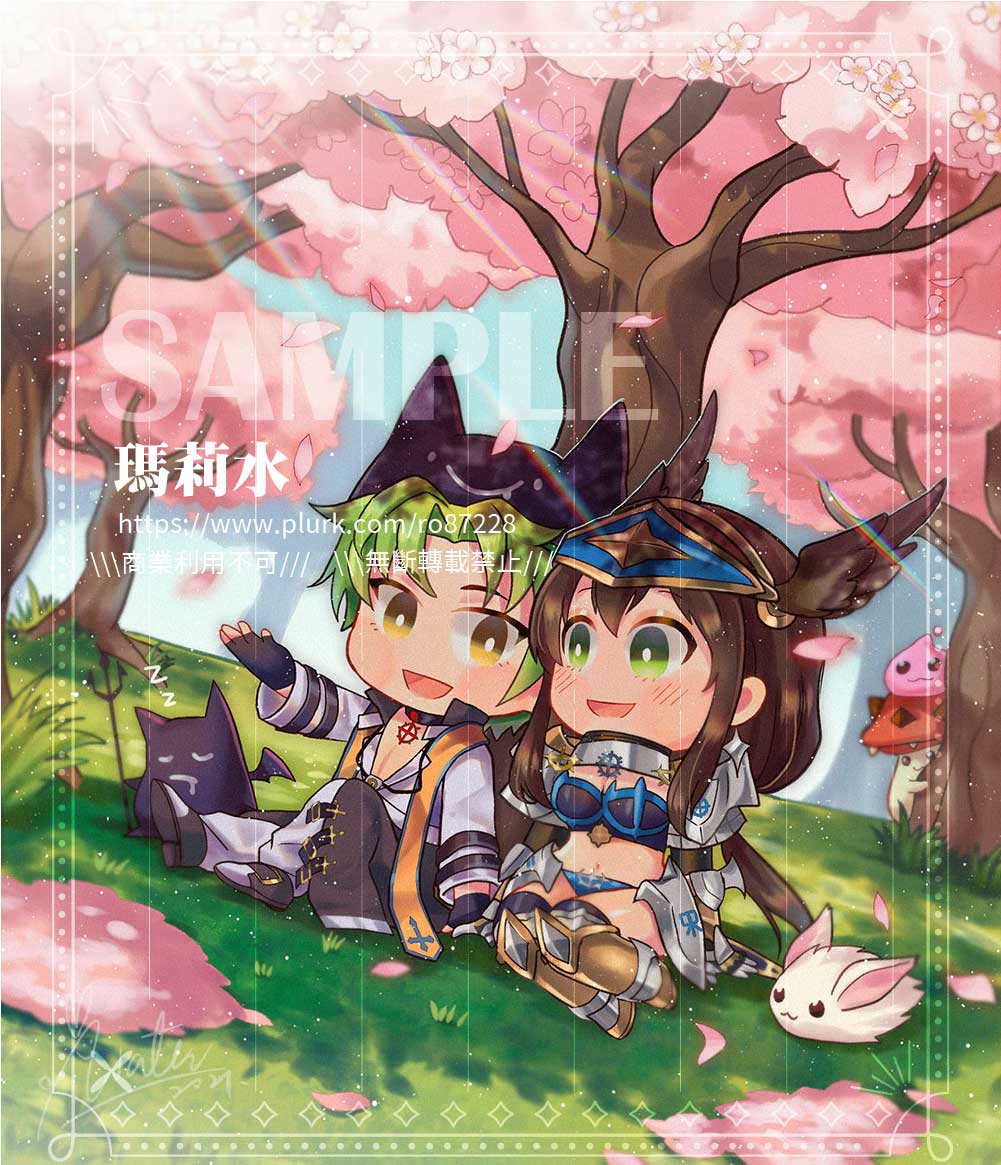 1boy 1girl armor armored_boots bangs bikini_armor black_footwear blue_sky blush boots brown_eyes brown_hair brown_wings cherry_blossoms chibi chinese_commentary chinese_text coat commentary_request creature day demon deviruchi deviruchi_hat feathered_wings full_body green_eyes green_hair grey_coat hair_between_eyes hat head_wings long_hair looking_at_another lunatic_(ragnarok_online) mushroom open_mouth outdoors pants pauldrons petals poring rabbit ragnarok_online rainbow ro86228 royal_guard_(ragnarok_online) sample shirt shoes short_hair shoulder_armor sitting sky slime_(substance) smile spore_(ragnarok_online) tree visor_(armor) warlock_(ragnarok_online) watermark web_address white_pants white_shirt wings