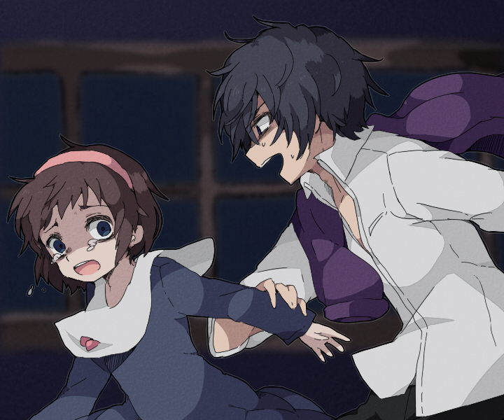 1boy 1girl black_hair chasing corpse_party fleeing hairband itukik jacket_over_shoulder kizami_yuuya mochida_yuka running scared school_uniform short_hair tears