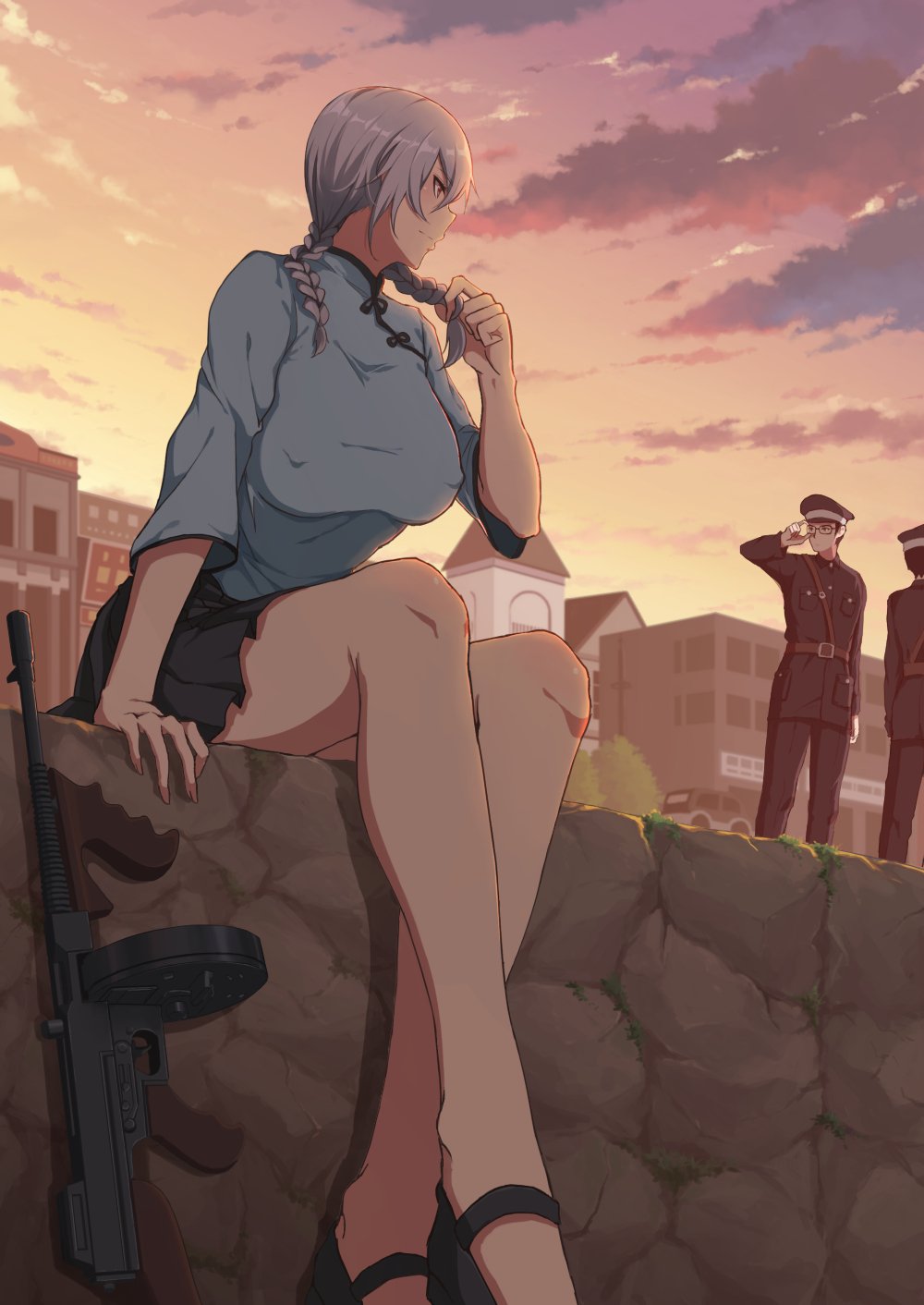 1girl 2boys angelique bare_legs belt black_skirt braid braided_ponytail breasts brown_eyes building chinese_clothes dusk girls_frontline glasses gun hat highres long_hair multiple_boys police police_hat police_uniform shanghai sitting skirt sky submachine_gun thompson_(girls_frontline) thompson_submachine_gun twintails uniform weapon