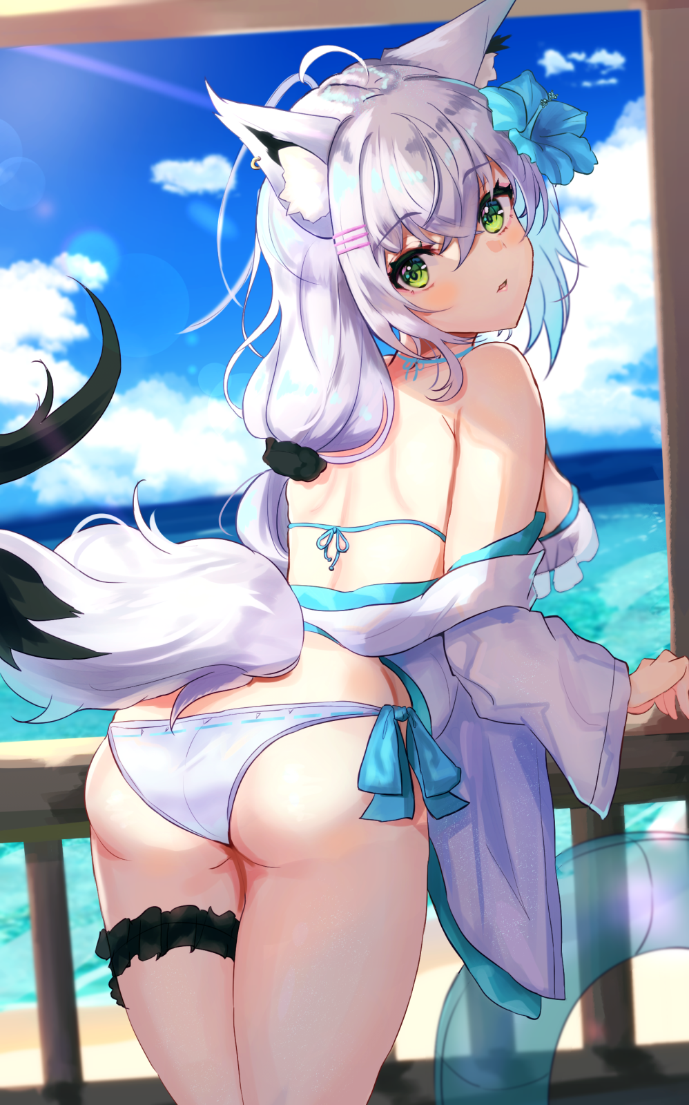 1girl ahoge animal_ear_fluff animal_ears ass back bare_shoulders bikini breasts cowboy_shot day flower fox_ears fox_tail green_eyes hair_flower hair_ornament halter_top halterneck hibiscus highres hololive innertube jacket long_hair long_sleeves looking_at_viewer looking_back medium_breasts ocean off_shoulder open_clothes open_jacket outdoors panipo parted_lips shirakami_fubuki side-tie_bikini solo string_bikini swimsuit tail thigh_strap thighs virtual_youtuber white_bikini white_hair white_jacket