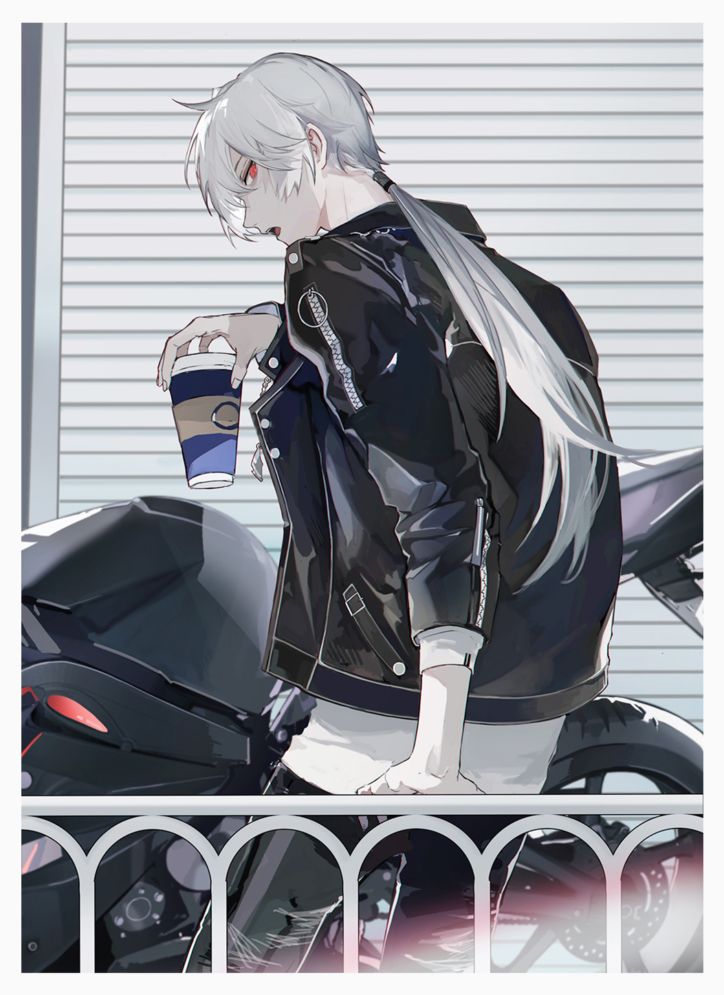 1boy black_jacket black_pants coffee_cup cup disposable_cup from_behind ground_vehicle hand_up highres holding holding_cup jacket leaning_on_rail leather leather_jacket long_hair long_sleeves looking_back low_ponytail male_focus motor_vehicle motorcycle open_mouth pants railing red_eyes shirt shutter_shades silver_hair sleepless_(wrysmile) solo susanghan_messenger white_shirt zen_(susanghan_messenger) zipper
