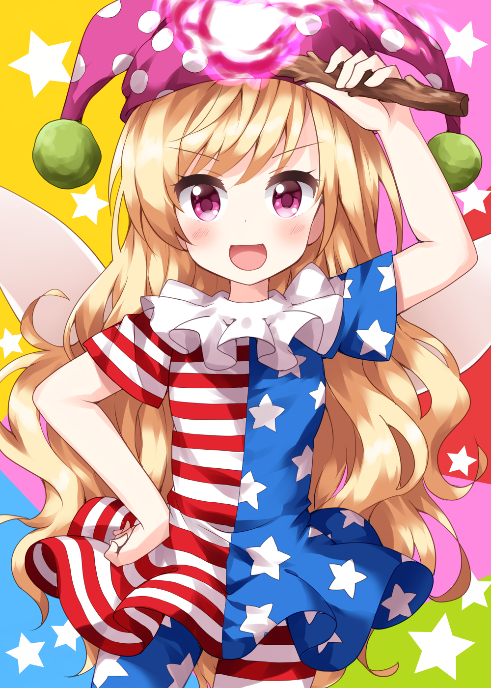 1girl :d american_flag_dress american_flag_legwear bangs blonde_hair clownpiece cowboy_shot dress eyebrows_visible_through_hair hand_on_hip hat highres holding holding_torch jester_cap long_hair looking_at_viewer multicolored multicolored_background neck_ruff open_mouth pink_eyes pink_headwear polka_dot_headwear ruu_(tksymkw) short_sleeves smile solo standing star_(symbol) star_print starry_background striped striped_dress striped_legwear torch touhou v-shaped_eyebrows