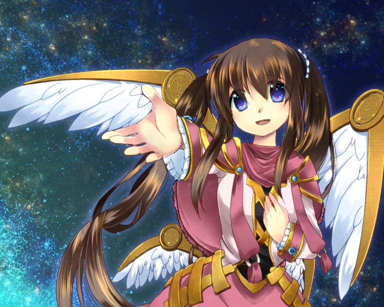 1girl asgard bangs black_shirt blue_eyes blush capelet commentary_request cowboy_shot dress feathered_wings fringe_trim hair_between_eyes jacket kanagi_tsumugi long_hair looking_at_viewer magician_(asgard) multiple_wings open_mouth outstretched_hand pink_capelet pink_dress shirt sky smile solo star_(sky) starry_sky twintails very_long_hair white_jacket white_wings wings