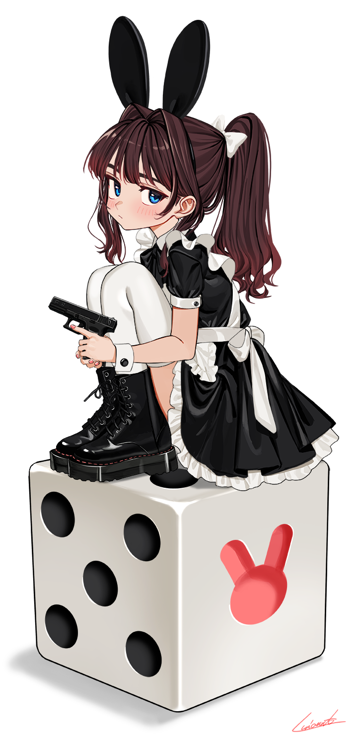 1girl animal_ears apron bangs black_dress black_footwear black_hairband blue_eyes blush boots bow brown_hair closed_mouth commentary cross-laced_footwear dice dress eyebrows_behind_hair frilled_apron frilled_dress frills glock gun hair_bow hair_intakes hairband handgun highres holding holding_gun holding_weapon knees_up lace-up_boots luicent maid minigirl nail_polish original pink_nails pistol ponytail puffy_short_sleeves puffy_sleeves rabbit_ears shadow short_sleeves signature sitting solo symbol_commentary thick_eyebrows thigh-highs thighhighs_under_boots weapon white_apron white_background white_bow white_legwear wrist_cuffs