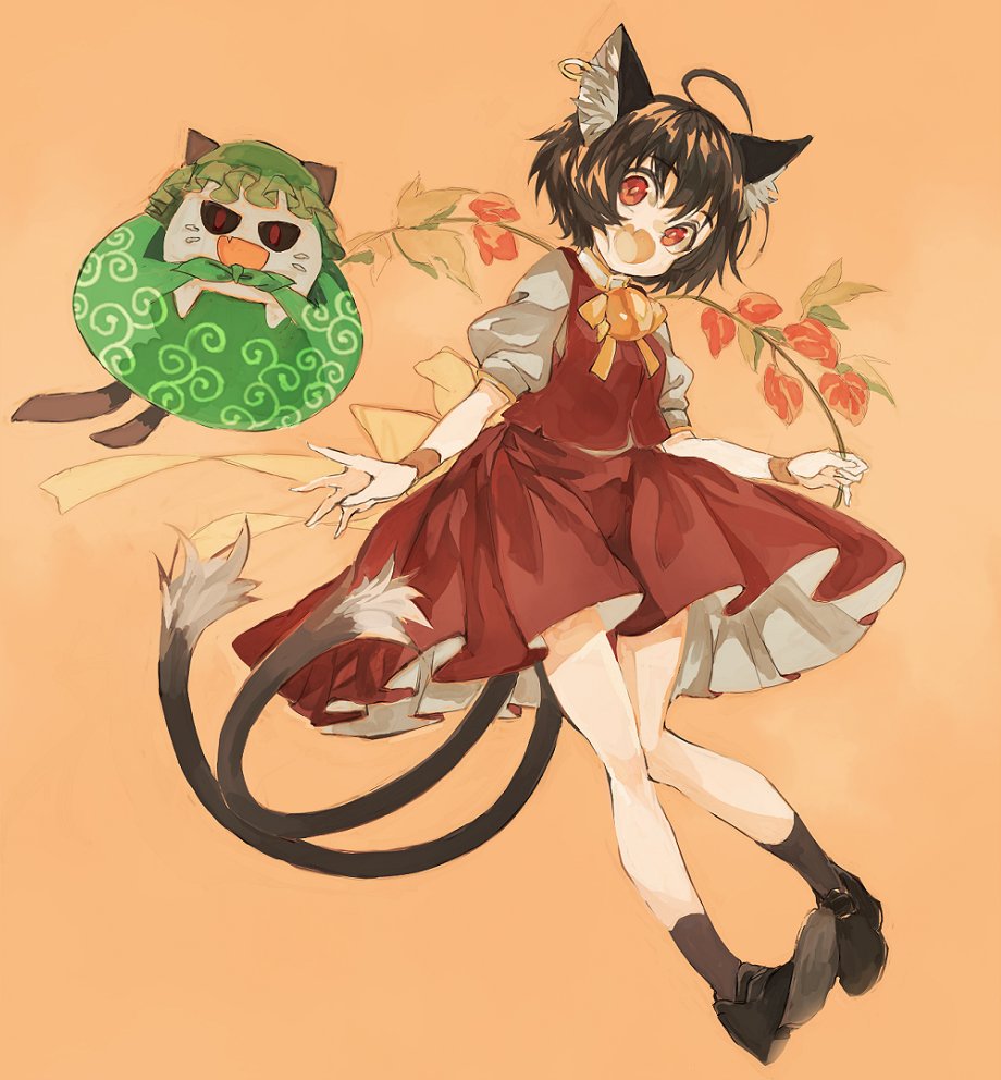 1girl :d ahoge animal_ear_fluff animal_ears bow bowtie brown_hair cat cat_ears cat_tail chen dress fang full_body gold_trim hat hat_removed headwear_removed headwear_switch jewelry konabetate looking_at_viewer mob_cap multiple_tails nekomata open_mouth orange_background plant red_dress red_eyes short_hair simple_background single_earring skin_fang smile solo tail touhou two_tails yellow_neckwear