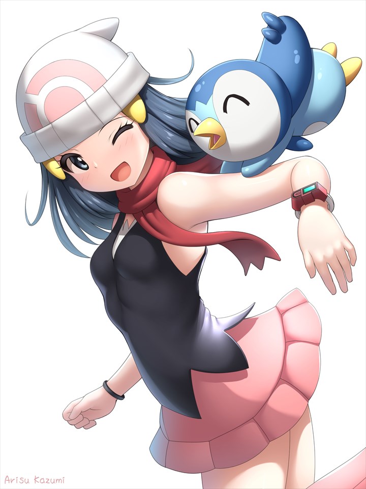 1girl ;d arisu_kazumi beanie blush boots bracelet breasts commentary_request hikari_(pokemon) eyelashes gen_4_pokemon hair_ornament hairclip hat jewelry long_hair looking_to_the_side one_eye_closed open_mouth pink_footwear pink_skirt piplup pokemon pokemon_(creature) pokemon_(game) pokemon_dppt pokemon_on_arm red_scarf scarf shirt signature skirt sleeveless sleeveless_shirt smile starter_pokemon tongue white_headwear