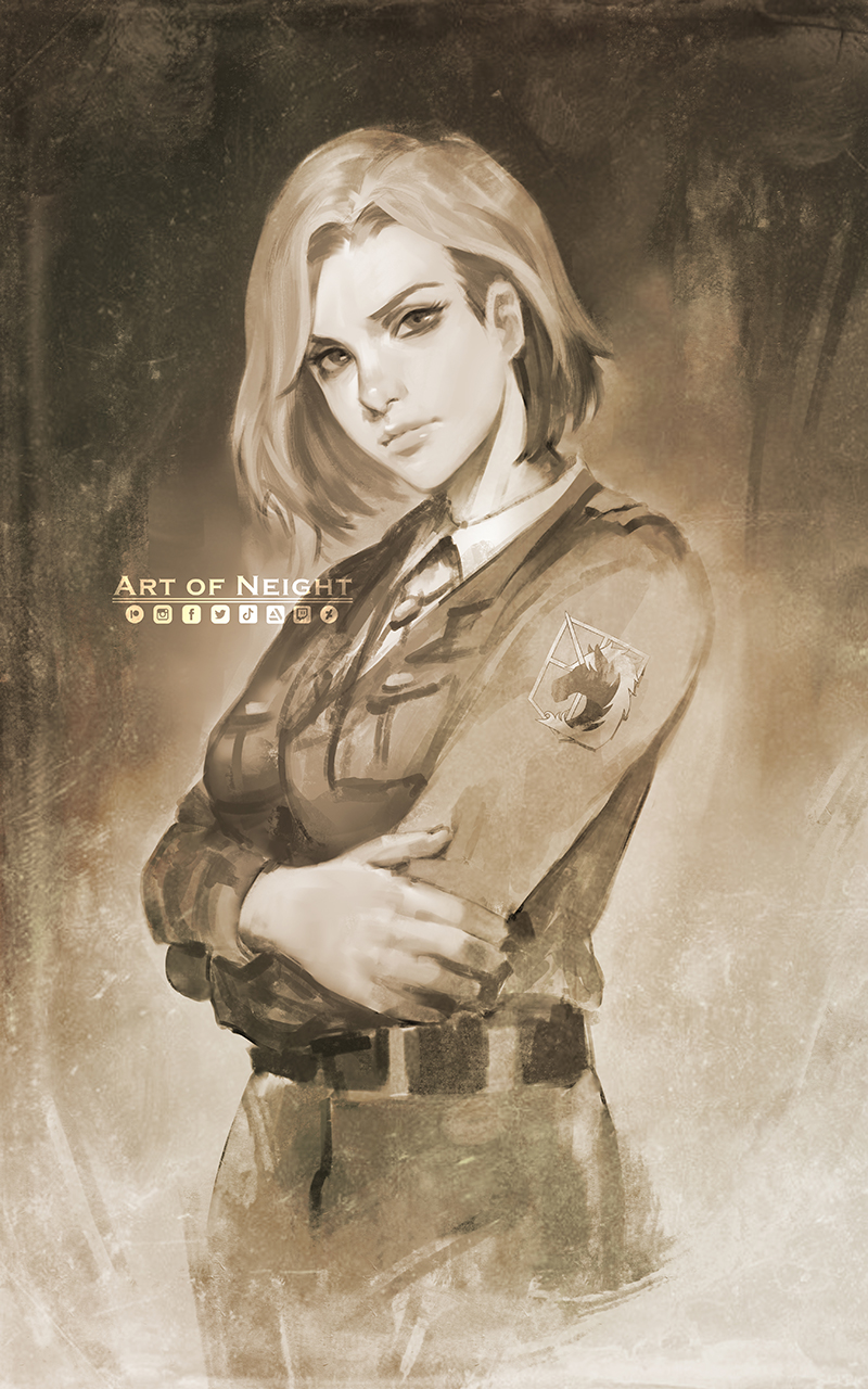 1girl breasts crossed_arms doodle highres hitch_dreyse lips medium_hair military military_uniform monochrome nate_artuz paradis_military_uniform sepia shingeki_no_kyojin solo uniform