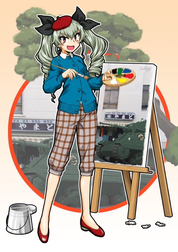 1girl :d anchovy_(girls_und_panzer) anzio_(emblem) bangs beret black_ribbon blue_cardigan brown_eyes brown_pants canvas_(object) capri_pants cardigan carro_armato_p40 casual character_name collared_shirt commentary_request drill_hair easel emblem eyebrows_visible_through_hair flats girls_und_panzer green_hair ground_vehicle hair_ribbon hat holding holding_paintbrush long_hair long_sleeves looking_at_viewer military military_vehicle motor_vehicle ooarai_(ibaraki) oosaka_kanagawa open_mouth paintbrush painting palette pants partial_commentary plaid plaid_pants red_footwear red_headwear ribbon shirt signature smile solo standing tank textless tilted_headwear twin_drills twintails white_shirt