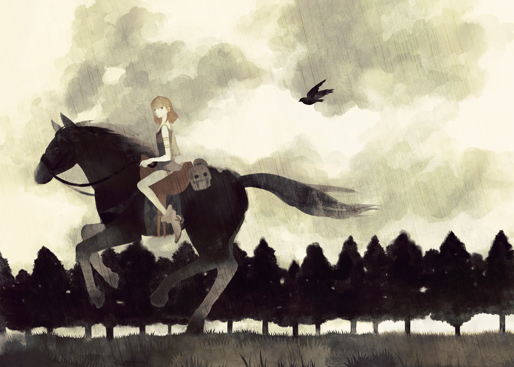 1girl animal bird black_bird black_shirt black_skirt blonde_hair boots bridle clouds cloudy_sky from_side grass hooves horse horseback_riding looking_back medium_hair original outdoors rain riding saddle shirt sitting skirt skull sky sleeveless solo tail tank_top tono_(rt0no) tree