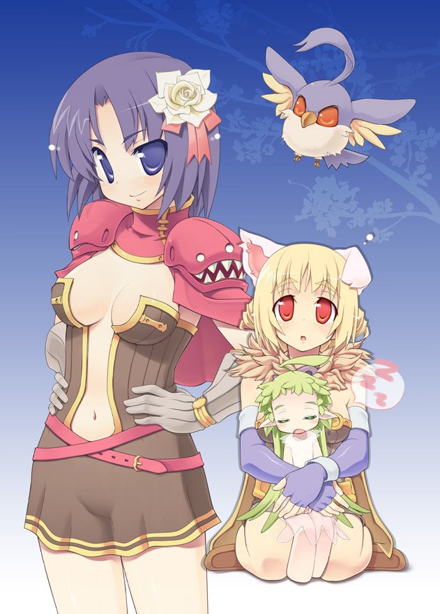 alchemist_(ragnarok_online) amasa_mitsunaru animal_ears bangs bird blonde_hair blue_eyes blue_gloves breasts brown_cape brown_dress cape closed_mouth commentary_request cowboy_shot creator_(ragnarok_online) dog_ears double_bun dress elbow_gloves eyebrows_visible_through_hair filir_(ragnarok_online) fingerless_gloves flower full_body fur_collar gloves green_hair hair_between_eyes hair_flower hair_ornament lif_(ragnarok_online) living_clothes long_hair looking_at_viewer medium_breasts navel open_mouth pointy_ears purple_hair ragnarok_online red_cape red_eyes short_dress short_hair sleeping smile strapless strapless_dress teeth white_dress white_flower white_gloves zzz