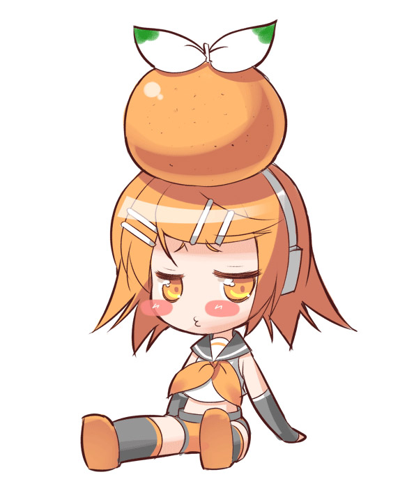 1girl alternate_color amasa_mitsunaru black_legwear black_sleeves blush chibi closed_mouth commentary_request crop_top detached_sleeves food food_on_head fruit fruit_on_head full_body hair_ornament hairclip headphones kagamine_rin looking_to_the_side mandarin_orange midriff o3o object_on_head orange_eyes orange_footwear orange_hair orange_neckwear orange_shorts sailor_collar short_hair shorts simple_background sitting solo thigh-highs vocaloid white_background