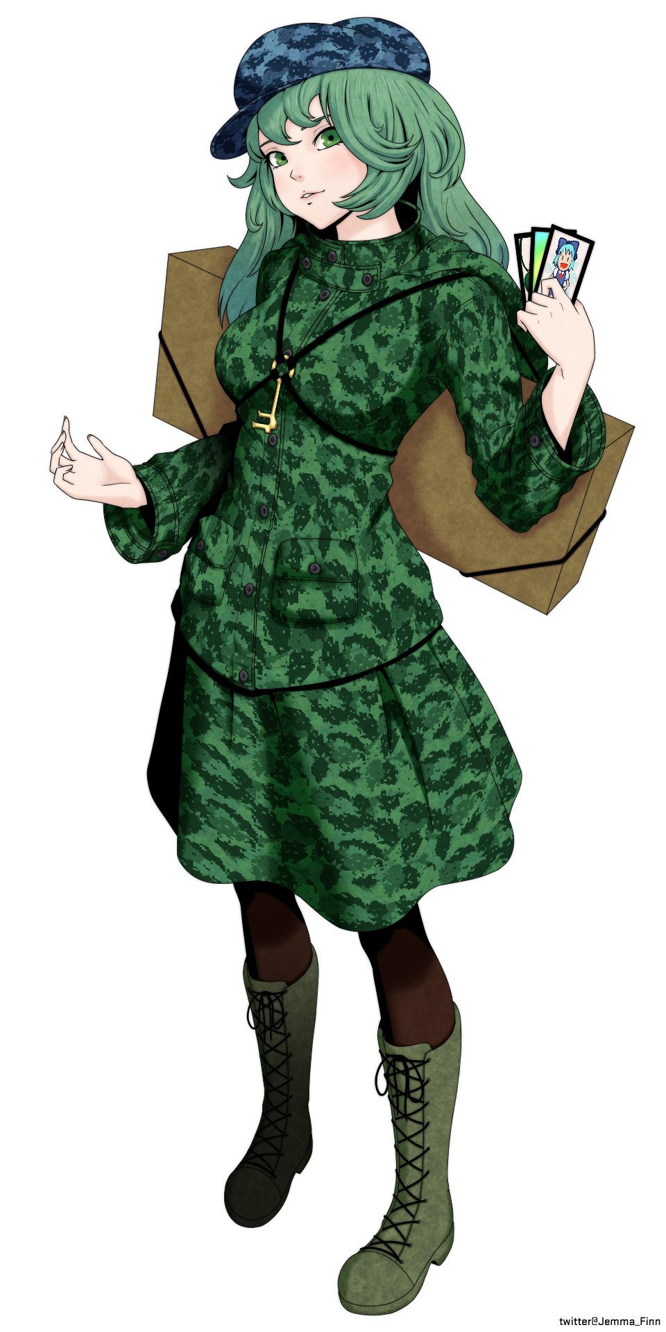 1girl backpack bag blue_headwear boots brown_footwear camouflage camouflage_headwear camouflage_jacket camouflage_print camouflage_shirt card dress flat_cap full_body green_dress green_hair green_headwear hat highres holding holding_card jacket jemma_finn key medium_hair shirt short_hair skirt skirt_set touhou yamashiro_takane