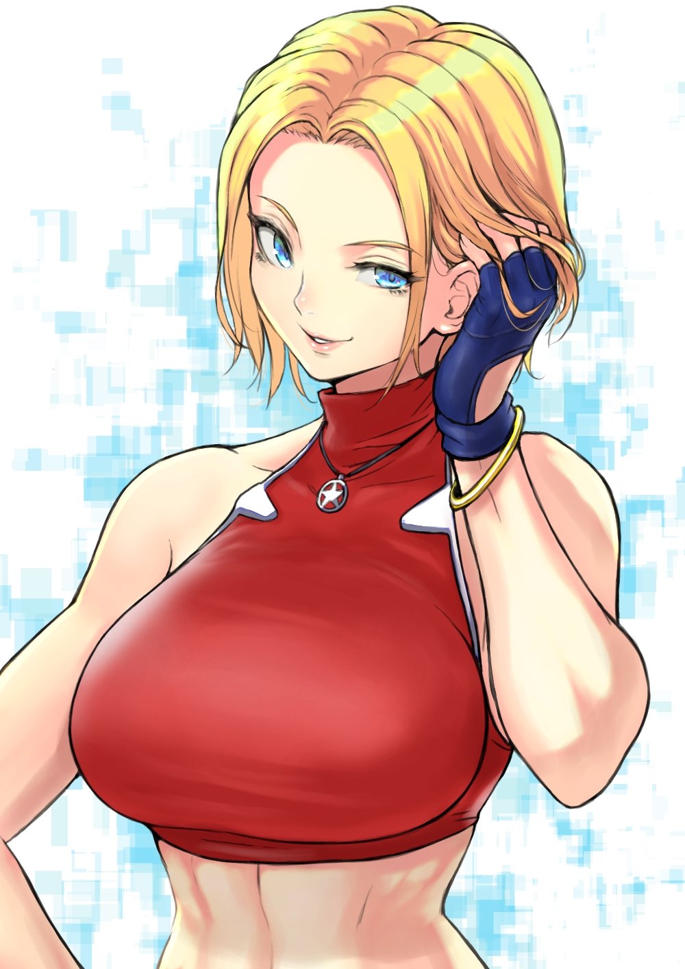 1girl anagumasan bangs blonde_hair blue_eyes blue_gloves blue_mary bracelet breasts crop_top fatal_fury fingerless_gloves gloves hand_in_hair highres jewelry large_breasts looking_at_viewer open_mouth parted_lips pendant red_shirt shirt short_hair sleeveless sleeveless_shirt smile solo star_(symbol) straight_hair the_king_of_fighters upper_body