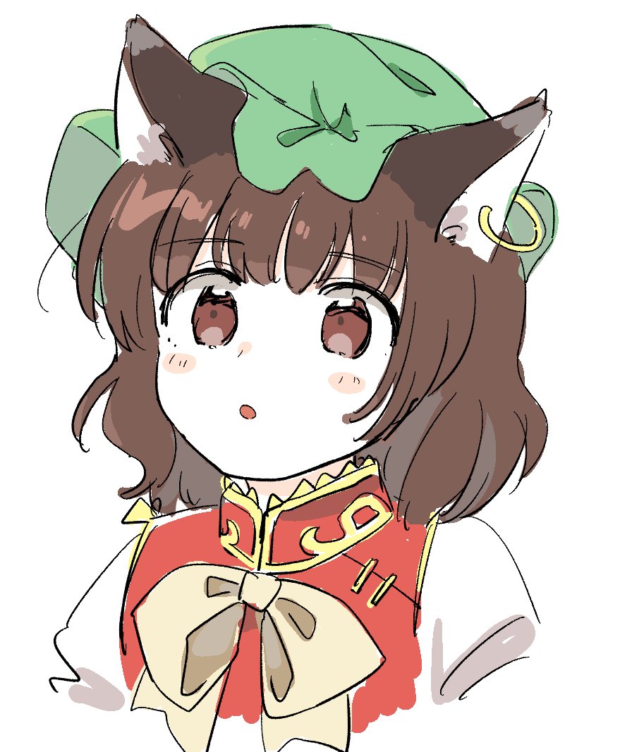 1girl :o animal_ear_fluff animal_ears blush_stickers brown_eyes brown_hair cat_ears chen cropped_torso dress gold_trim jewelry red_dress sasa_kichi short_hair simple_background single_earring sketch solo touhou upper_body white_background