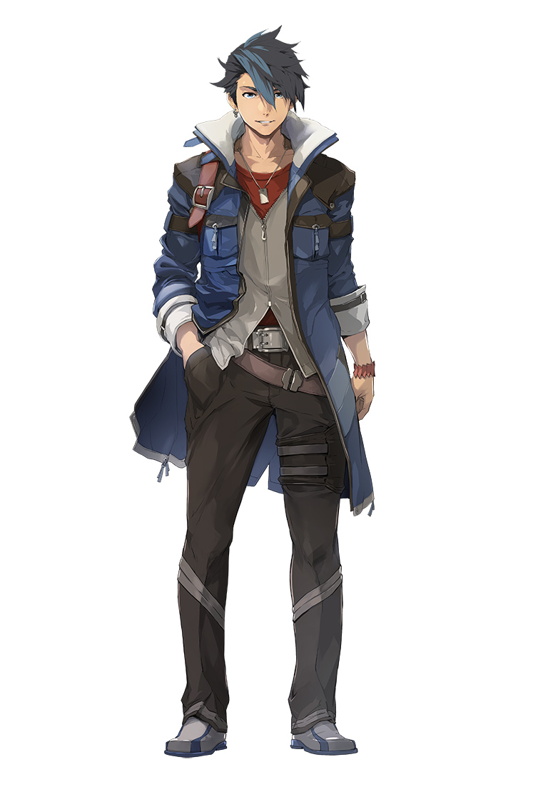1boy bangs belt black_hair black_pants blue_coat blue_eyes blue_hair brown_belt closed_mouth coat collarbone dog_tags earrings eiyuu_densetsu enami_katsumi full_body grey_vest grin hair_between_eyes hand_in_pocket jewelry kuro_no_kiseki long_sleeves looking_at_viewer metal_belt multicolored_hair multiple_belts official_art open_clothes open_coat pants partially_unzipped red_shirt shirt shoes short_hair silver_footwear simple_background smile solo spiky_hair standing strap swept_bangs thigh_strap third-party_source two-tone_hair van_arkride vest white_background wristband