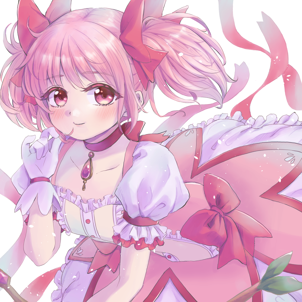 1girl blush bow bubble_skirt choker closed_mouth gloves hair_bow hand_up kaname_madoka looking_at_viewer magical_girl mahou_shoujo_madoka_magica meguru_(dagmin) pink_bow pink_eyes pink_hair puffy_short_sleeves puffy_sleeves red_choker ribbon_choker short_sleeves short_twintails simple_background skirt smile solo soul_gem twintails upper_body white_background white_gloves