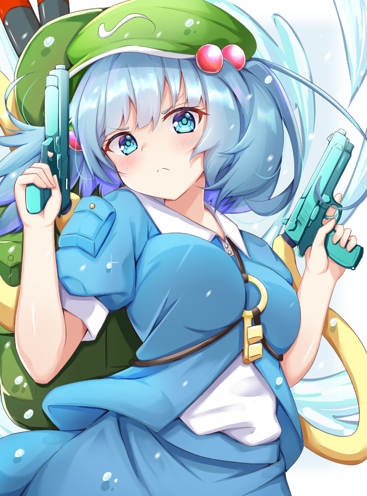 1girl blue_eyes blue_hair blush breasts commentary_request frown green_headwear gun hair_bobbles hair_ornament handgun hat holding holding_gun holding_weapon kawashiro_nitori key looking_at_viewer medium_breasts pistol rururiaru short_hair short_sleeves solo touhou twintails weapon